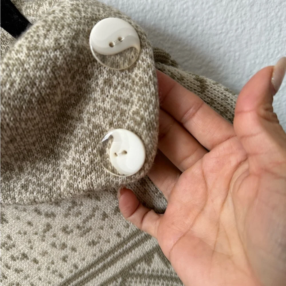 Boho Geometric Knit Poncho Sweater | Button Cowl Neck | Neutral Tan - Picture 7 of 11